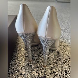 Brian Atwood white satin pumps with crystal